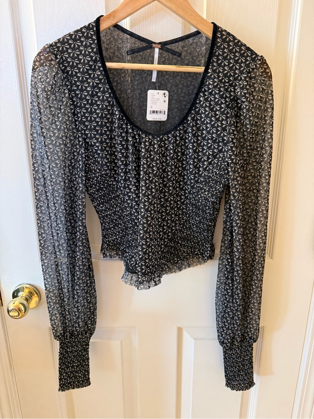 Dottie Bow Print Sheer Sleeve Smocked Top